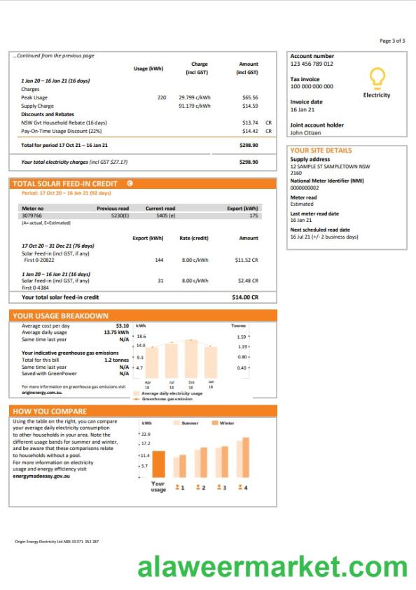 Australia New South Wales (NSW) Origin electricity utility bill template in Word and PDF format 3